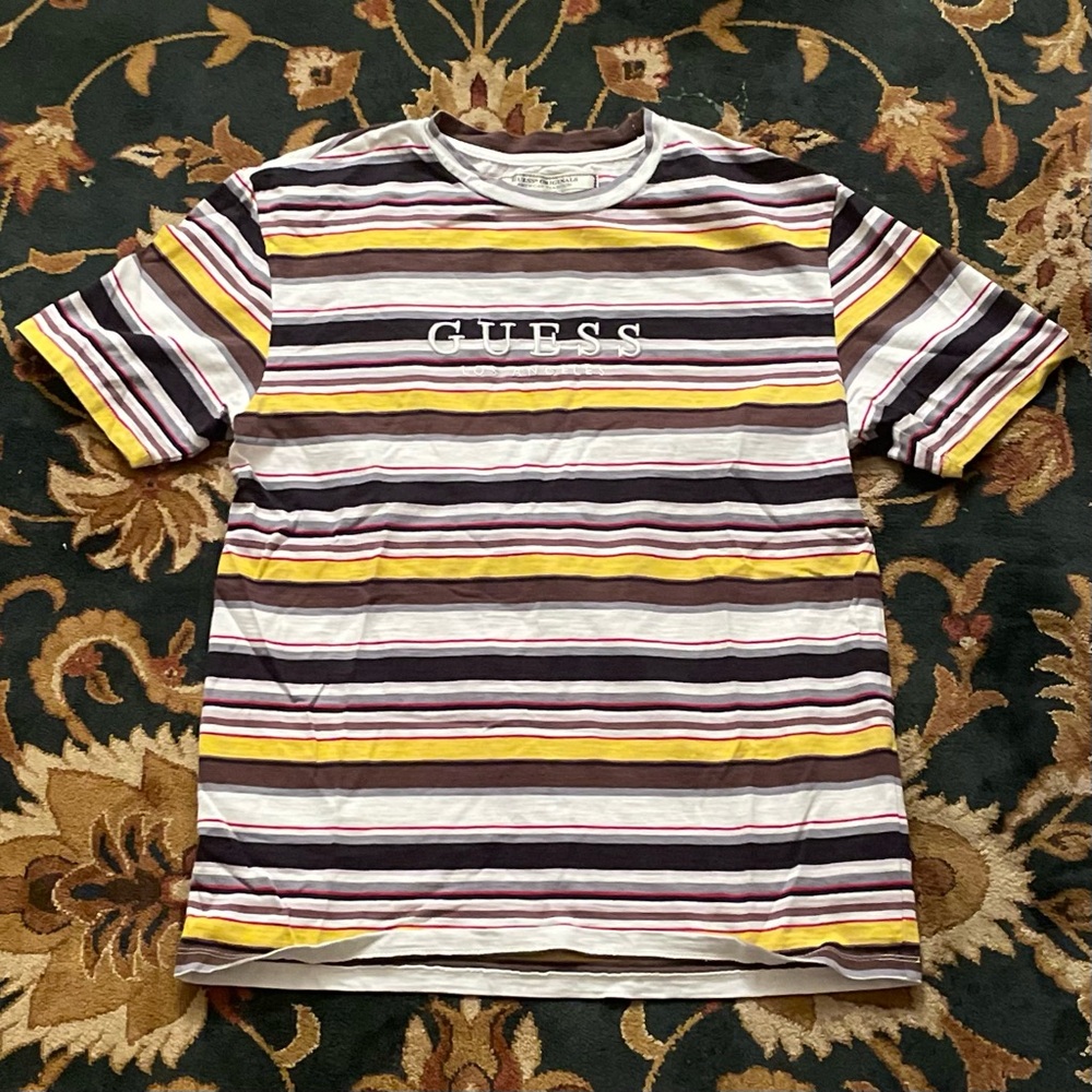 🌞GUESS ASAP ROCKY EMBROIDERED LOGO YELLOW & WHITE STRIPED SHORT SLEEVE T-SHIRT